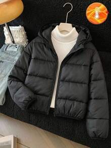 SHEIN Tween女孩休閒百搭厚款連帽寬鬆長袖冬季外套，黑色，秋冬款 - 黑色 - 查看 5