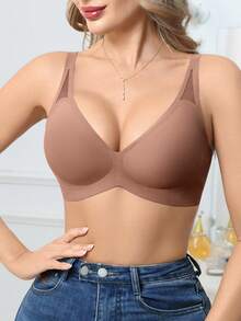 SHEIN 女款無縫無鋼圈V領聚攏果凍軟支撐舒適純色網布鏤空內衣，附模杯，1件裝 - 棕色 - 查看 6