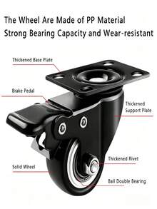 4Pcs Heavy Duty Casters, Silent Swivel & Fixed Wheels With Axle And Brake, Replacement Rollers For Hand Trolleys And Small Trailers - Black - View 7