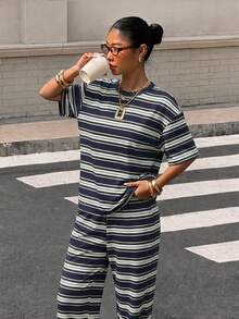 Muchica 2件組女款寬鬆條紋圓領落肩短袖T恤與鬆緊腰條紋長褲，冬季套裝，秋冬休閒套裝，新年穿搭，聖誕節，藍色，長袖兩件套，女款舒適春季兩件套 - 彩色 - 查看 5