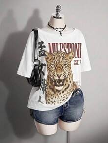 SHEIN ICON 大尺碼女款復古龐克 Y2K 百搭派對中文字豹紋豹圖案 90s Y2K 十字圖案 T恤 - 彩色 - 查看 1