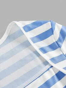 SHEIN 兒童青少年女孩休閒復古藍白條紋方領長袖上衣 T-shirt，適合秋季日常與校園穿著 - 藍白色 - 查看 3
