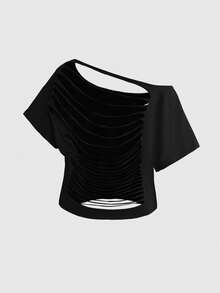 ROMWE Grunge Punk Plus Size Punk Style Skull Metal Rivet Design Asymmetric Neck Distressed Backless Loose Cropped T-Shirt - Black - View 2