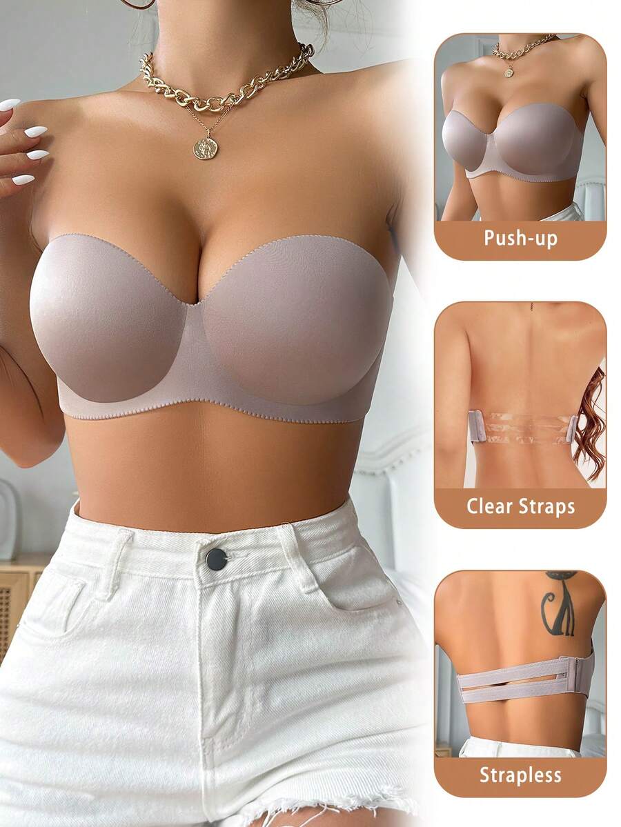 DesireSculpt 女款純色無鋼圈休閒日常無肩帶內衣 - 灰色 - 查看 1