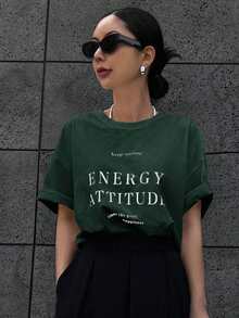 DAZY Slogan Graphic Drop Shoulder Tee Keep Smiling ENERGy ATTITUi See The Good Time For You Oversized T-Shirt - Dark Green - View 3