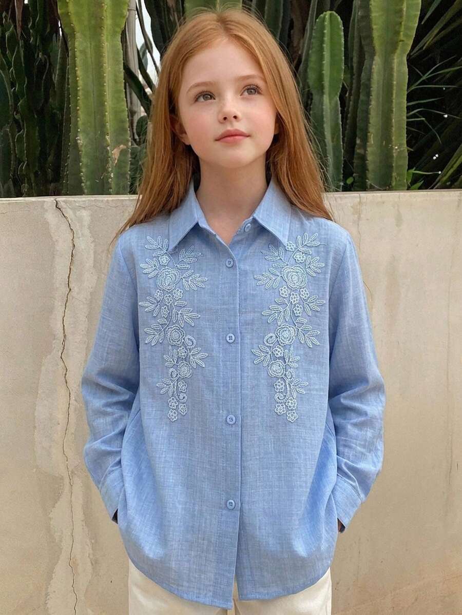 Hapijoa Casual Lapel Pattern Loose Long Sleeve Autumn Girls (Big) Shirt - Blue - View 1