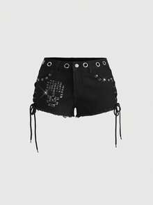 ROMWE Grunge Punk 女款萬聖節龐克辣妹鉚釘十字串珠低腰牛仔迷你短褲 - 黑色 - 查看 1