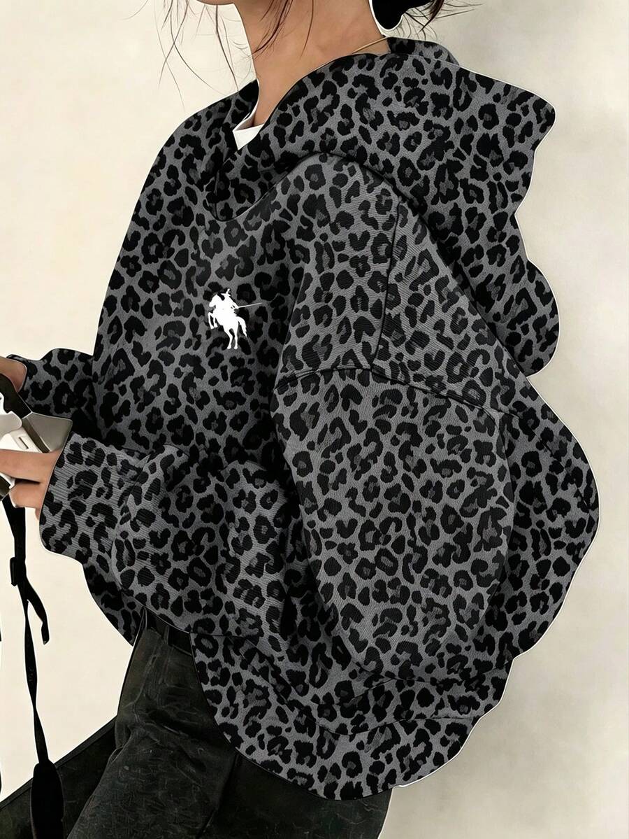 復古甜美學院風豹紋騎士馬圖案,青少年女孩休閒長袖連帽衛衣,適合秋冬戶外野餐、出遊、街頭風、校園、慵懶隨意、開學季、Y2K、韓系、百搭 - 白色 - 查看 1