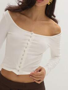 MUSEYN Atasan Jersey Putih Kancing Depan Lengan Panjang Leher Bulat Pas Badan - Putih - View 3
