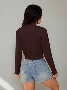 SHEIN PETITE 女款素色休閒百搭日常外出長袖開襟衫 - 棕色 - 查看 2
