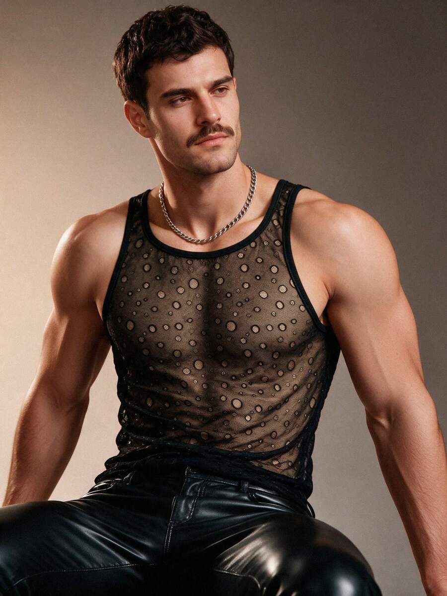 ZURIURI Men's Sexy Lace Mesh Ripped See-Through Tight Vest - Black - View 1