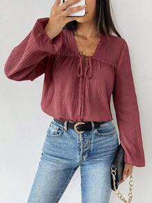 SHEIN 女款純色喇叭袖休閒波希米亞風前綁帶襯衫，適合早午餐、約會之夜，灰玫瑰色，秋季 - 棕色 - 查看 7
