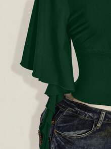SHEIN ICON 女款大尺碼交叉V領荷葉袖時尚T恤 - 墨綠色 - 查看 7