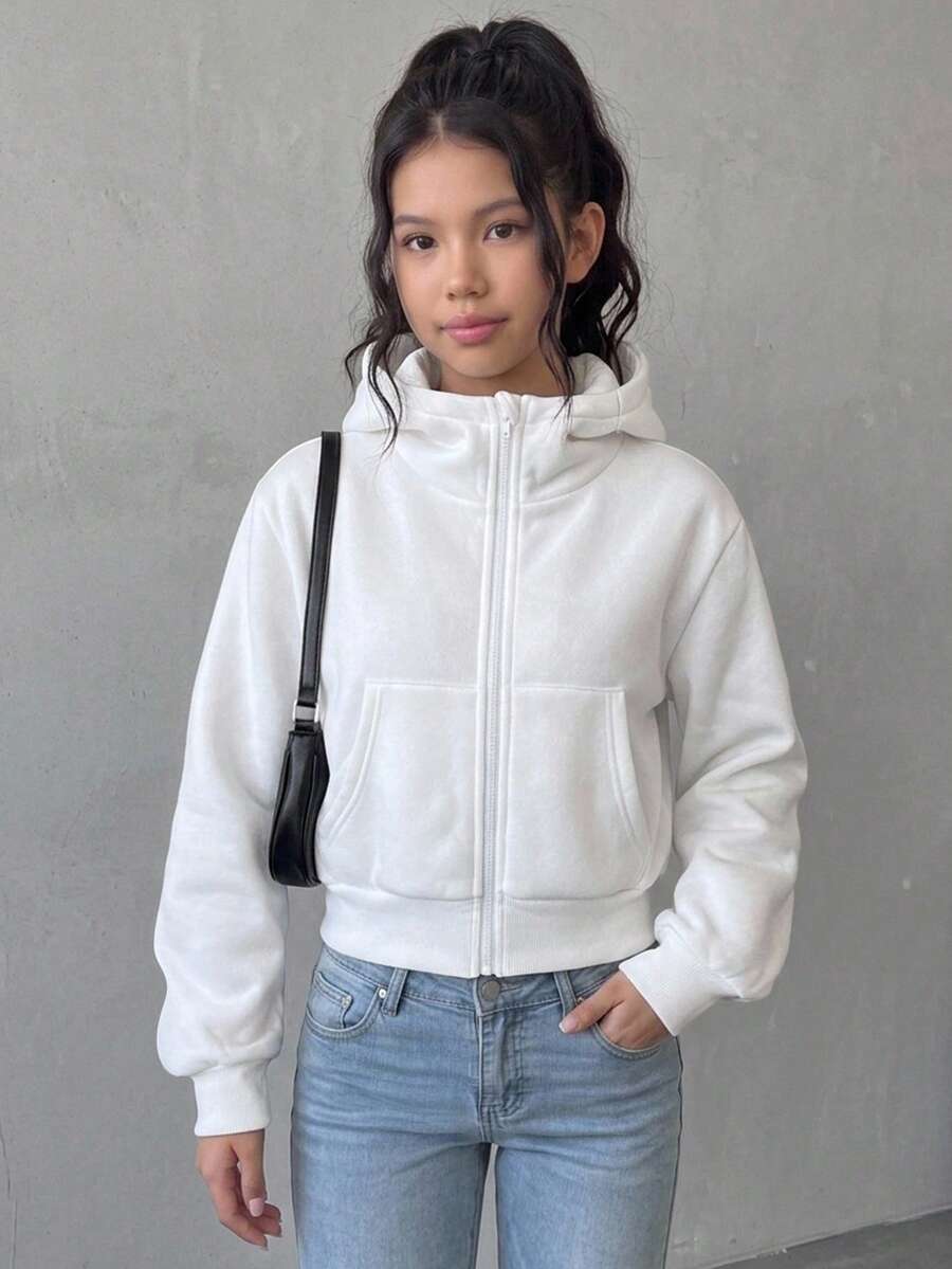 SHEIN 青少年女孩純色拉鍊休閒日常連帽長袖運動衫 - 白色 - 查看 1