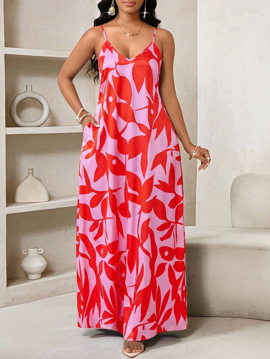 SHEIN Lady 女款時尚印花細肩帶洋裝,適合度假、海灘與街頭風格 - 彩色 - 查看 1