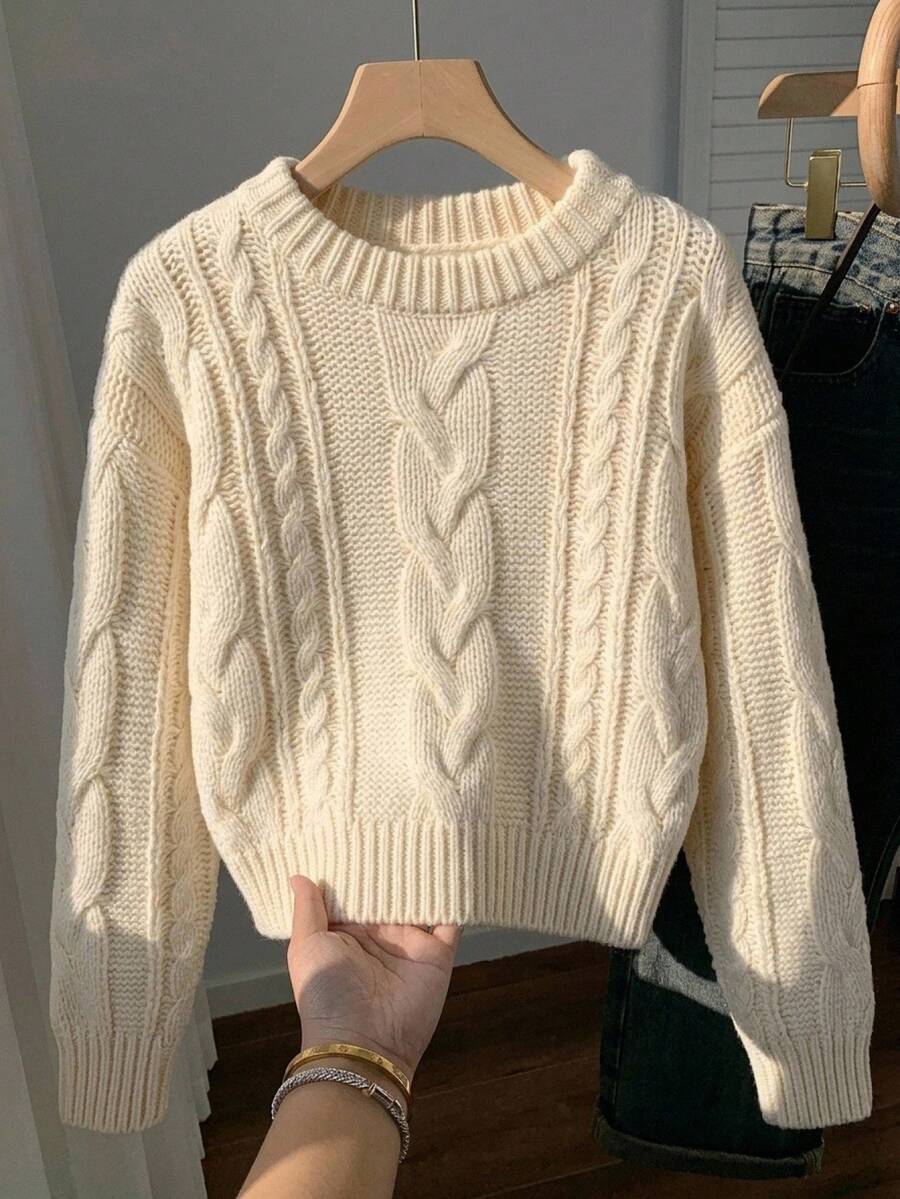 Sweater Rajut Kabel Kasual Musim Gugur/Dingin untuk Anak Perempuan, Model Bahu Terbuka, Lengan Panjang, Warna Aprikot - Aprikot - View 1