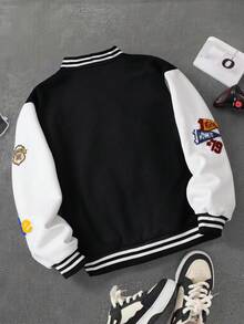 SHEIN 青少年男孩時尚休閒拼色拼接字母刺繡抓絨夾克 - 黑色 - 查看 3