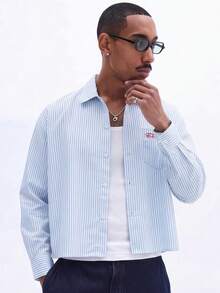 SUMWON Men Striped Button-Up Cropped Shirt With Chest Pocket Script Embroidery Long Sleeve Casual Summer Overshirt - Blue - View 3