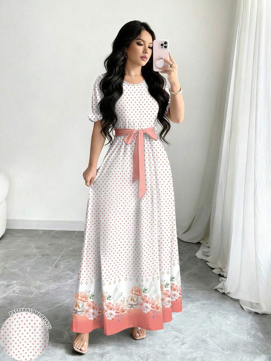 Modelyn 波点渐变花卉印花长款连衣裙,女士时尚圆领短泡泡袖设计,配腰带,优雅夏季连衣裙,适合度假和日常穿着 - 彩色 - 查看 1