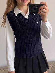 青少年女孩麻花紋理刺繡針織背心，學院風套頭式，秋冬必備返校服飾 - 藏蓝色 - 查看 1