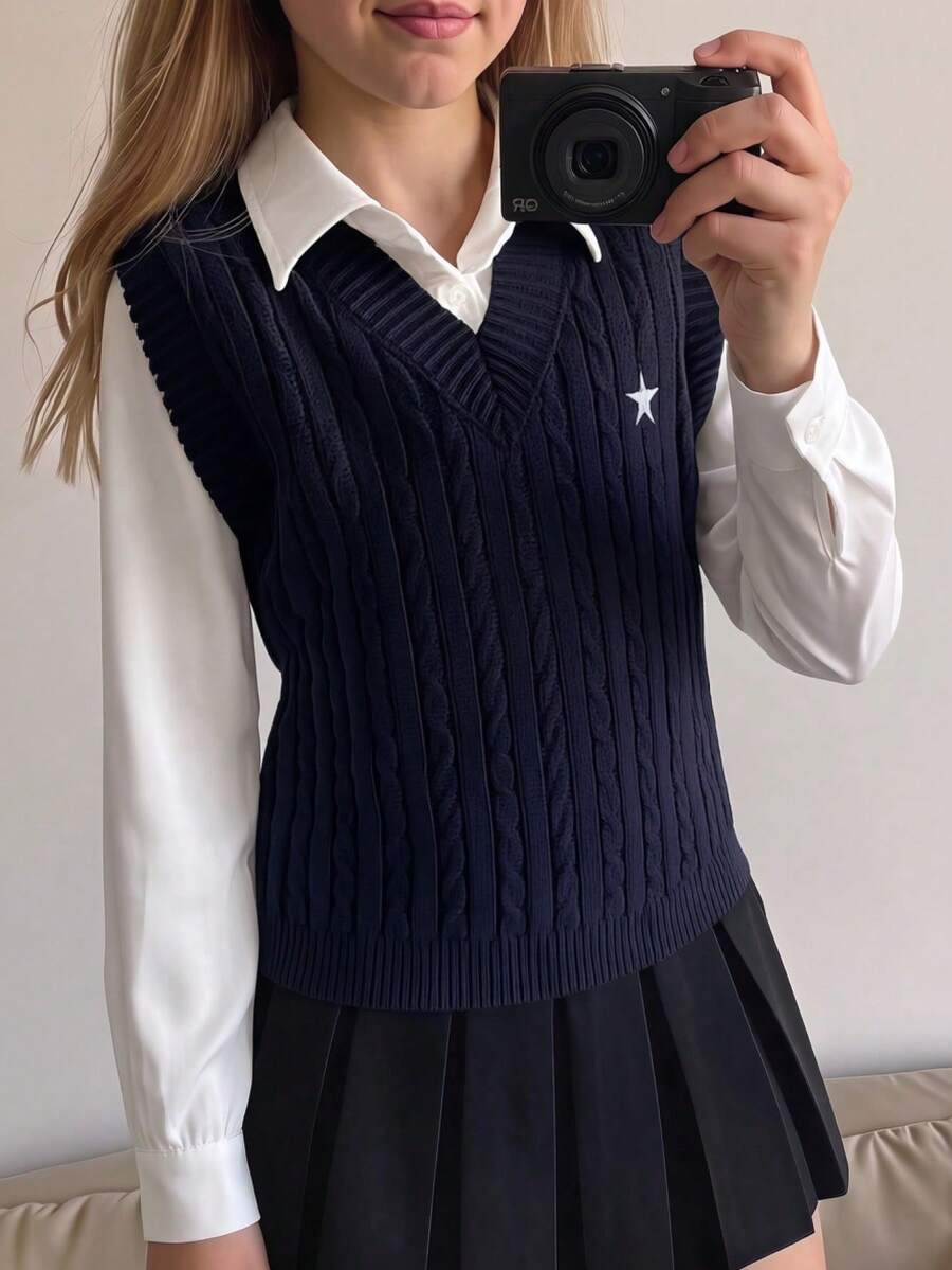 青少年女孩麻花紋理刺繡針織背心,學院風套頭式,秋冬必備返校服飾 - 藏蓝色 - 查看 1