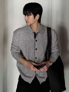DAZY Spring/Autumn Gray Mixed Fabric Lapel Placket Black Contrast Color Men's Cardigan - Grey - View 3