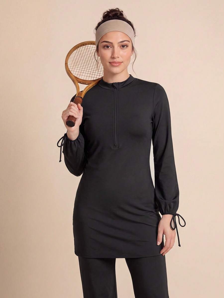 SHEIN With My Calm طقم رياضي كاجوال من قطعتين بأكمام طويلة بلون أسود سادة من Swim Lushoire - الأسود - مشاهدة 1