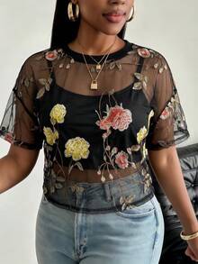 SHEIN PETITE CURVE 大尺碼女款花卉圖案網紗休閒日常上衣 - 黃色 - 查看 4