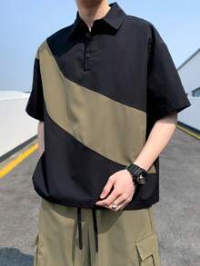 Manfinity Hypemode Men's Color Block Shirt & Solid Color Cargo Shorts Set, Men's Street Wear Sets, Two-Piece Sets For Men, Cozy Outfits - Multicolor - View 3