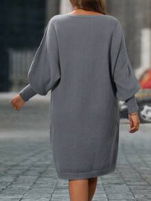 SHEIN LUNE Plus Size Solid Color Long Sleeve Simple Short Casual Sweater Dress, Winter Fall Cloth For Women Autumn - Grey - View 2