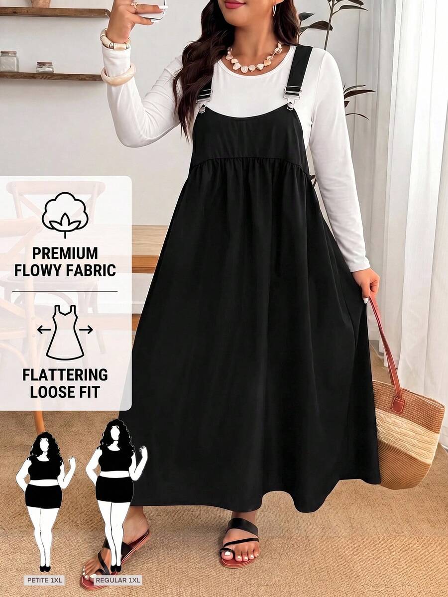 SHEIN PETITE CURVE Plus Size Loose Black Spaghetti Strap Dress, Suitable For Apple And Curvy Body Types - Black - View 1