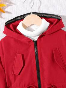 SHEIN 少女/青少年女孩休閒字母裝飾寬鬆文字貼布口袋連帽中長版派克冬季外套 開學季秋季 - 紅色 - 查看 8