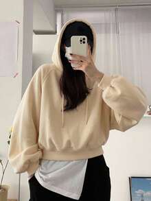 DAZY Women's Solid Color Hooded Oversized Cropped Sweatshirt - Yellow - View 4