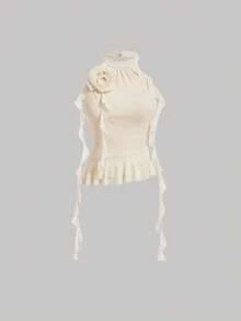 SHEIN MOD Vintage 3d Flower Design Halter Neck Slim Fit Top With Fluttering Ribbons, Apricot Color - Apricot - View 2