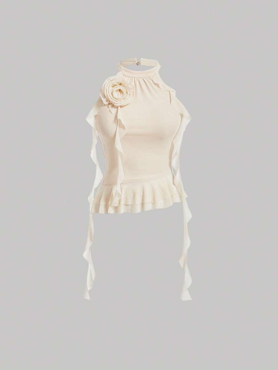 SHEIN MOD Vintage 3d Flower Design Halter Neck Slim Fit Top With Fluttering Ribbons, Apricot Color