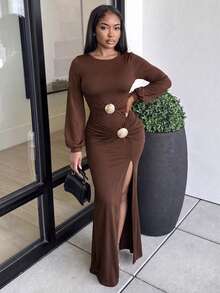 Glyssa Women's Elegant Vintage Metal Buckle Decor Long Sleeve Slit Dress For Party Dinner Night Date Evening Wear Thanksgiving Dark Brown Autumn - Coffee Brown - View 4