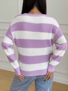 SHEIN Teen Girls Casual Striped Knit Sweater, Minimalist Fashion, Suitable For Daily Wear, Autumn, Winter - Purple - View 2