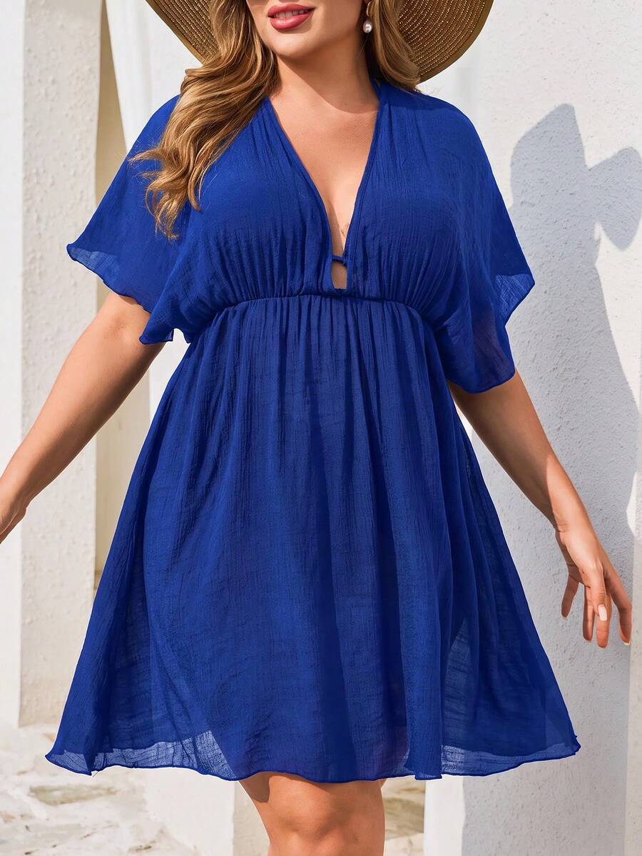 Swim Lushoire Summer Beach Daily Basic Solid Color Plus Size Cover-Up - Royal Blue - View 1
