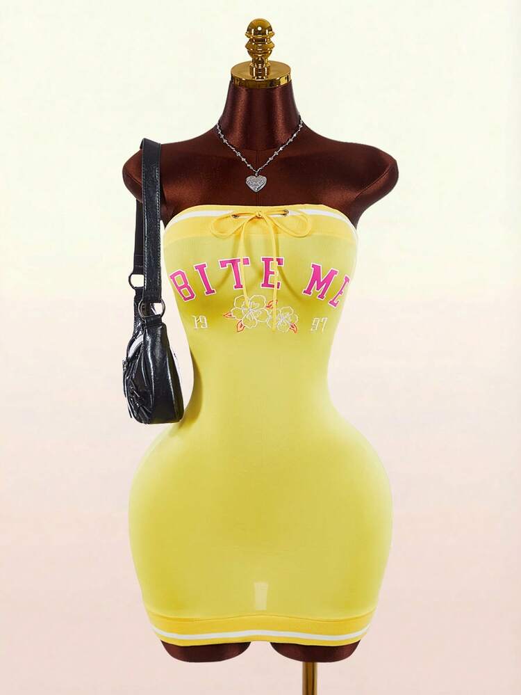 yellow latex dress bodycon Bumpella Street Style Women's Slogan Bandeau Mini Size:35 x 28 Extravagant dress birthday_sale_2026 June Midi Dress in