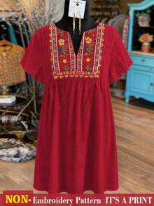SHEIN LUNE CURVE 春夏度假休閒通勤優雅大尺碼仿刺繡印花洋裝 - 紅色 - 查看 1