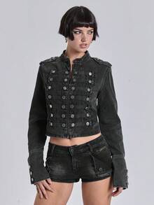 ACID BLVD Spring/SummerblackVintage Distressed Denim Jacket With Nautical Punk Metal Buckle Closure - Black - View 3