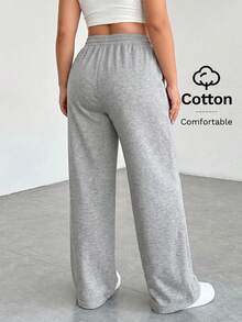 SHEIN PETITE CURVE 大尺碼純色極簡抽繩腰口袋休閒長褲 - 淺灰色 - 查看 7