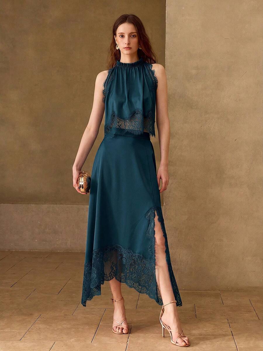 MOTF PREMIUM WOMEN'S 2 PIECES SET: LACE PATCHWORK TANK TOP & LACE PATCHWORK SKIRT - Teal Blue - View 1