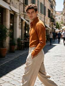 TONEVAULT Men's Solid Color Casual Versatile Daily Wear Shirt - Brown - View 4