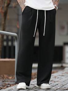 Manfinity CasualCool 男士成熟休閒黑色紋理布料寬鬆直筒運動長褲 - 黑色 - 查看 3
