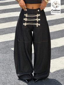 Muchica Black High Waist Wide‑Leg Jeans Women Y2K Button‑Up Decor Loose Contrast Stitching Cotton Denim Pants Fall Going‑Out Concert Outfits Cotton - Black - View 3