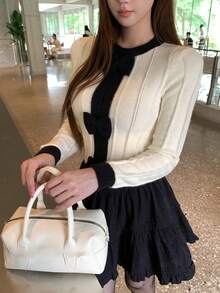 DAZY Women's Round Neck Bow Contrast Color Long Sleeve Girly Sweater Fall Cardigan - Black and White - View 5