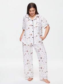 Bonmuse Plus Size Bubble Crinkle Star Print Lapel Short Sleeve Pajama Set Star Print Pajamas Cute Pajama Set For Women Comfy Pajamas Set Women's Sleepwear - White - View 3