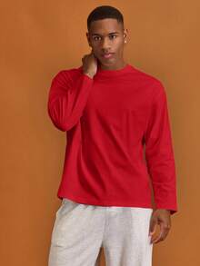 Musero Men Oversized Crewneck Long Sleeve Basic Plain T-Shirt Capsule Wardrobe Layering Spring&Summer - Red - View 4