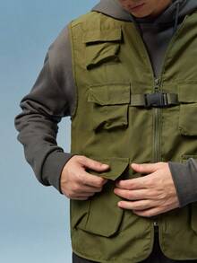 Caldwick Summer Workout Men's Versatile Casual Outdoor Travel Cargo Vest Sports - Army Green - View 6